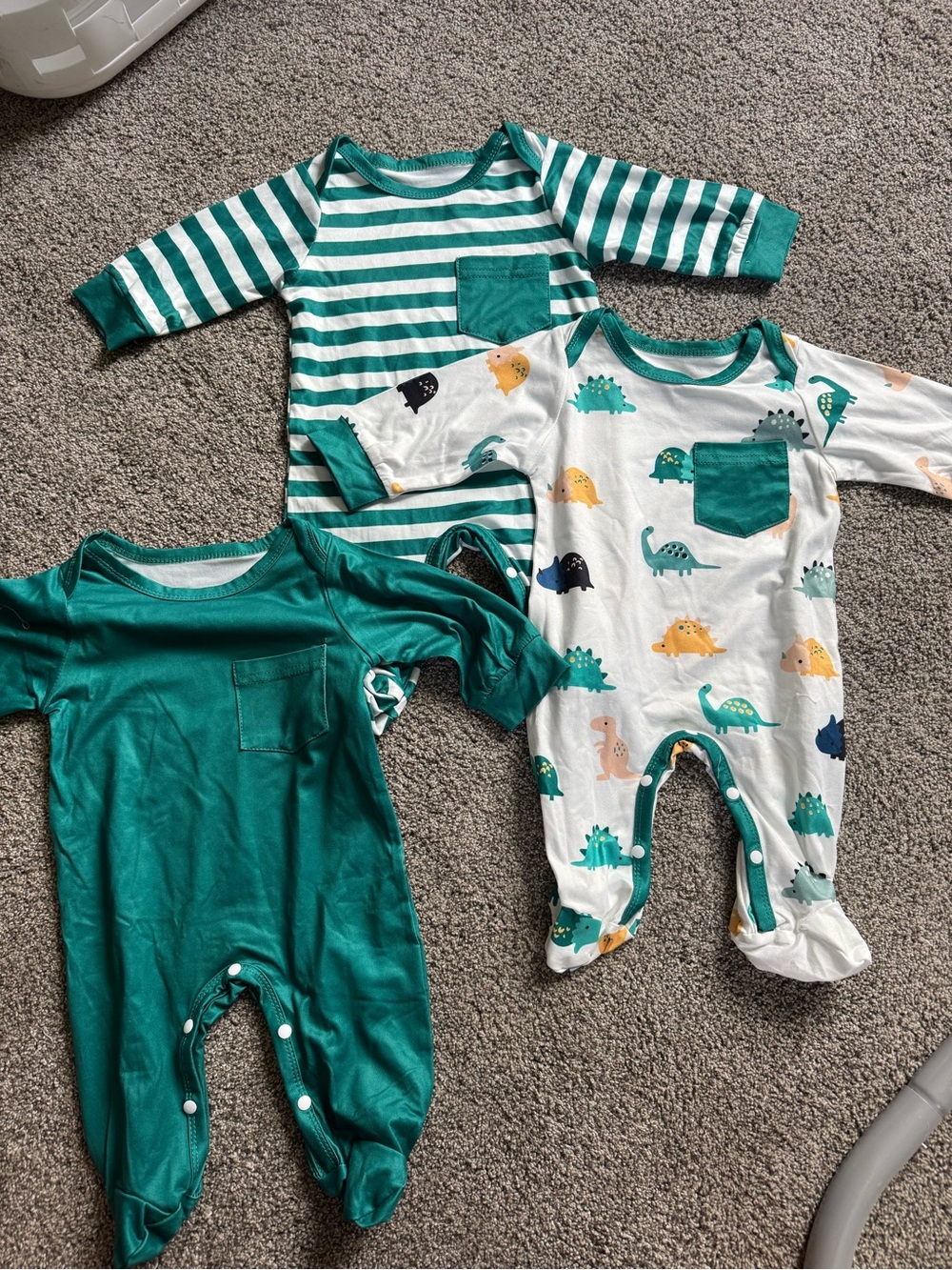 Green & White Dino Stripe Baby One-Piece Bundle